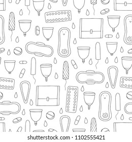 Seamless Vector Pattern With Menstruation Theme And Female Hygiene And Health Objects.