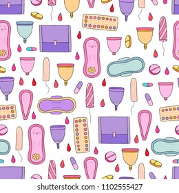 Seamless Vector Pattern With Menstruation Theme And Female Hygiene And Health Objects.