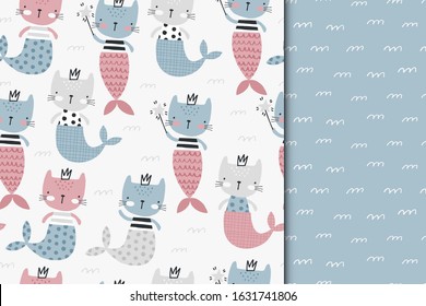 Seamless vector pattern with mermaid-cats for typography poster, card, label, brochure, flyer, page, banner design. Vector illustration background in pink and blue.