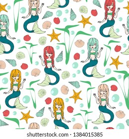 Seamless vector pattern with mermaids on white background. Fantasy wallpaper design with cute girls. Under sea fashion textile.