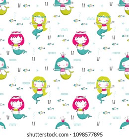 Seamless vector pattern with mermaids for typography poster, card, label, brochure, flyer, page, banner design. Vector illustration background