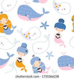 Patrón vectorial sin foco con sirenas y ballenas para tipografía afiche, tarjeta, etiqueta, folleto, volante, página, diseño de banner. Fondo de la ilustración vectorial en azul y rosa.