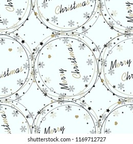 Seamless vector pattern Merry Christmas Lettering. Autumnal texture for printing, decor, design, packing. Calligraphy inscription in a circle with stars eps 10