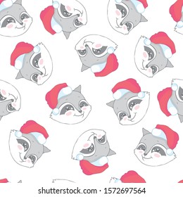 Seamless vector pattern. Merry Christmas design, ornament, festive print. Cute raccoon in Santa Claus hat.