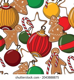 seamless vector pattern for merry christmas and happy new year with ginger cookies and Christmas balls