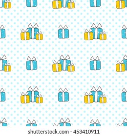 Seamless vector pattern. Merry Christmas design, ornament, festive print. Cute presents on snow background, perfect for paper, packages, box, web. Black, white, red, blue, yellow color
