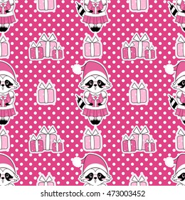 Seamless vector pattern. Merry Christmas design, ornament, festive print. Raccoon in Santa Claus hat, with presents on snow background.  Pink colors