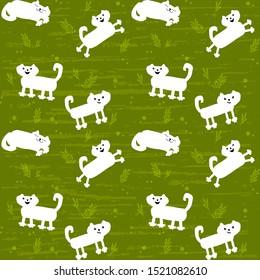 Seamless vector pattern with Merry company of white cats on a background of green lawn. Abstract art illustration for packaging, surface, fabric design.
