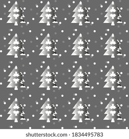 Seamless vector pattern with metallic glitter fir trees on gray background, artistic. Christmas cover design, wrapping and wrapping background.