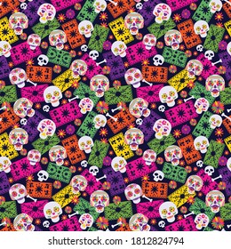 Seamless vector pattern with mexican elements sombrero, . Perfect artistic background for your design. Dias de los muertos. Translate-Feast of death.