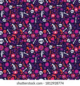 Seamless vector pattern with mexican elements. Perfect artistic background for your design. Dias de los muertos. Translate-Feast of death.