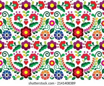 Patrón vectorial sin foco con diseño de estampado floral, textil o de tela mexicano inspirado en artesanías tradicionales de bordado de México. Fondo decorativo en colores vivos, adorno repetitivo 