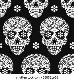 Seamless vector pattern with mexican skulls for Day of the dead celebration