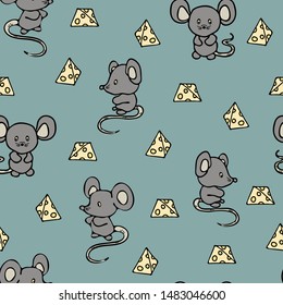 Seamless vector pattern with mice and cheese on blue background. Cartoon mouse wallpaper design for children.