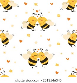 Seamless vector pattern. Milfe happy bees hugging and kissing, daisies and hearts.