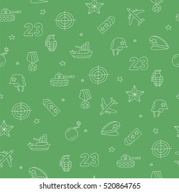 Seamless vector pattern of military icons on a green background. Beautiful background for your design. Wrapping paper. Defender of the Fatherland Day.