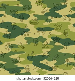 Seamless vector pattern of military icons. Background for your design. Wrapping paper. Defender of the Fatherland Day.