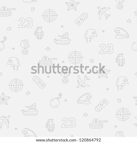 Seamless vector pattern of military icons on a gray background. Beautiful background for your design. Wrapping paper. Defender of the Fatherland Day.