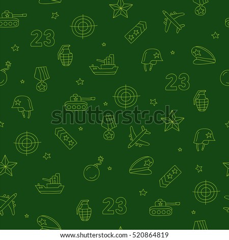 Seamless vector pattern of military icons on a dark green background. Beautiful background for your design. Wrapping paper. Defender of the Fatherland Day.