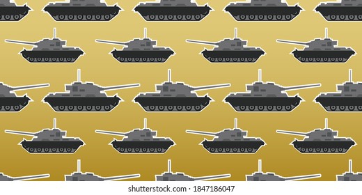 Patrón vectorial sin foco del tanque militar aislado en el fondo de la gradación del color del desierto. Ilustración del vector EPS10.
