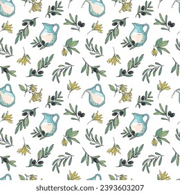 Seamless vector pattern with milk jug, olive branches, ylang-ylang flowers. Botanical ornament