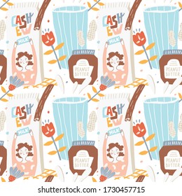 Seamless vector pattern with milkshake, cashew milk, girl, peanut butter and peanuts, cinnamon and flowers. Vegan milkshake recipe