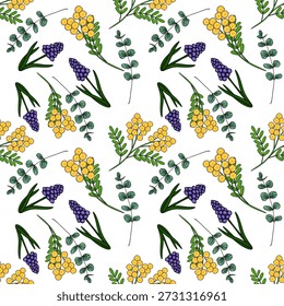 Padrão vetorial sem emenda de flores de mimosa e ramos de eucalipto