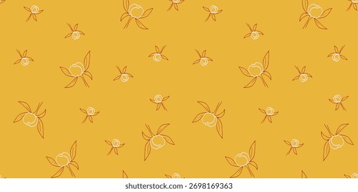 Padrão de vetor sem costura com brotos de rosa mínimos e folhas em tons de laranja quente e marrom em um fundo amarelo dourado. Elegante floral line art para tecido, decoração e embalagem