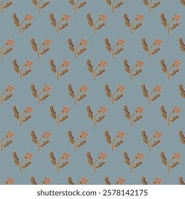 Seamless vector pattern with minimal small flowers and leaves in earthy tones on a soft blue background. Ideal for wrapping paper, textiles, and stationary designs.