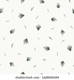 Seamless vector pattern with minimalist evergreen tips and needles in an elegant random placement on a neutral background. 