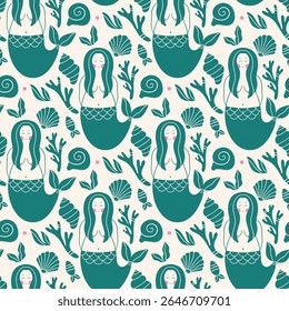 Seamless vector pattern with minimalist mermaid, seashells, and seaweed in trendy pink and turquoise colors. Perfect for fabric, packaging, and summer designs