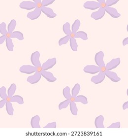 Padrão de vetor sem emenda com flores roxas minimalistas em creme. Design botânico delicado simbolizando a graça tranquila, serenidade simples, beleza modesta e calma arejada.