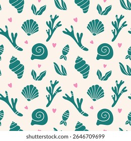 Seamless vector pattern with minimalist seashells and seaweed in trendy pink and turquoise colors. Perfect for fabric, packaging, and summer designs