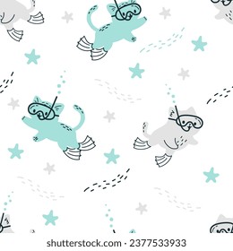 Seamless vector pattern in minimalistic doodle style. Cute cats swimming with underwater mask, cats scuba divers, starfish