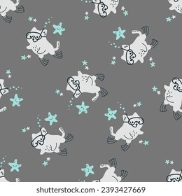 Seamless vector pattern in minimalistic doodle style. Cute cat scuba diver swimming in the water with flippers and mask. 