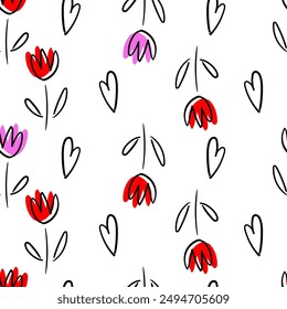 Seamless vector pattern with minimalistic doodle tulips and hearts on white background