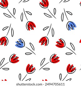 Seamless vector pattern with minimalistic doodle tulips on white background
