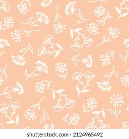 Patrón vectorial sin soldadura con un patrón floral minimalista en un fondo de color melocotón. Fondo botánico para tela, ropa, papel pintado, papel de embalaje, papelería.