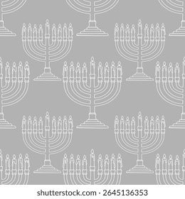 Seamless vector pattern of minimalistic grey Hanukkah menorahs with melting candles, ideal for festive backgrounds and holiday designs.