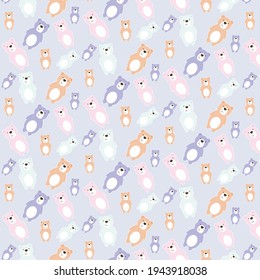Seamless vector pattern with minimalistic multicolored teddy bears in pastel colors. Cartoon style clip art.