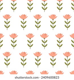 Seamless vector pattern in minimalistic style. Cute pink flowers in naive art. 