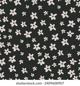 Seamless vector pattern in minimalistic style. Cute daisies on black background 