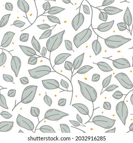 Seamless vector pattern with mint green leaves and mustard yellow dots. Modest and neutral pattern is great for wallpaper, home decor and textile print. Bright yellow abstract polka dots.