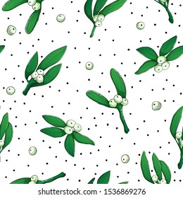 Seamless vector pattern with mistletoe branch and berries and dots on white background. Christmas winter floral colorful pattern. Christmas ilex berries and leaves backdrop.