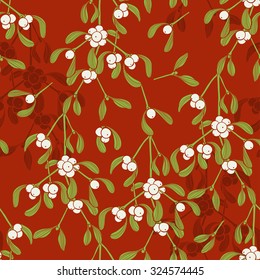 Seamless vector pattern with mistletoe on red background.