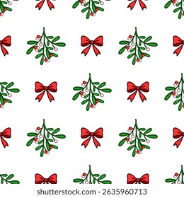 Seamless vector pattern of mistletoe sprigs and red bows, a festive Christmas design with vibrant colors and simple hand-drawn style, perfect for winter holidays.