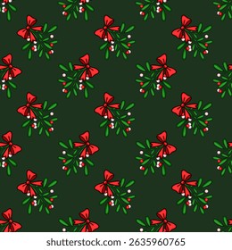 Seamless vector pattern of mistletoe sprigs adorned with red bows, set against a deep green background, perfect for festive Christmas designs.