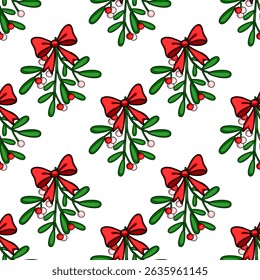 Seamless vector pattern of mistletoe sprigs adorned with red bows, featuring red and pink berries against a white background, ideal for festive Christmas designs.