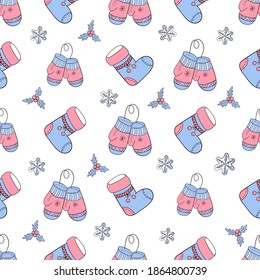 Seamless vector pattern with mittens and felt boots on a white background