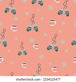 Seamless vector pattern with mittens and snowflakes